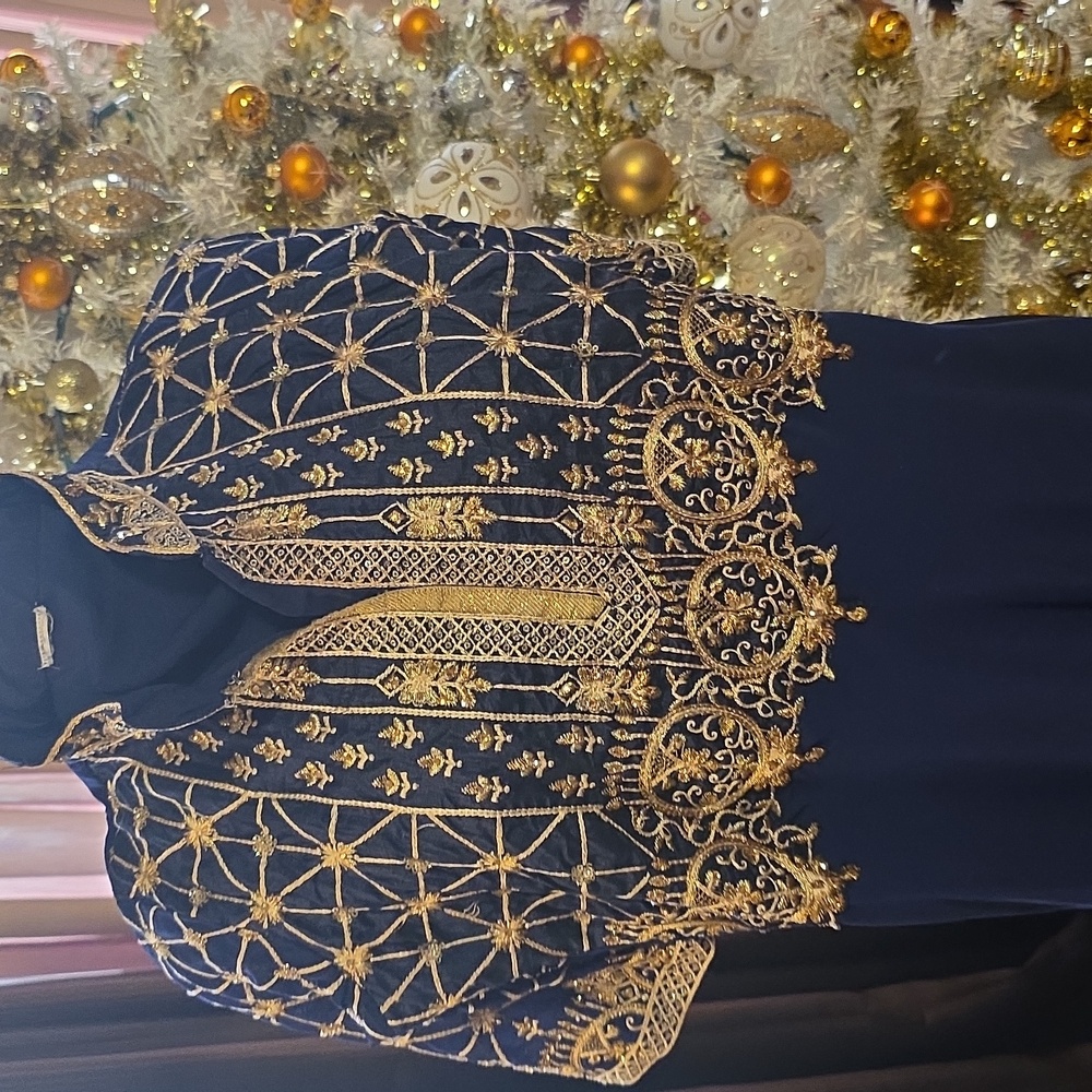Elegant Navy Women's Dress With Gold Embroidery - Picture 2 of 12